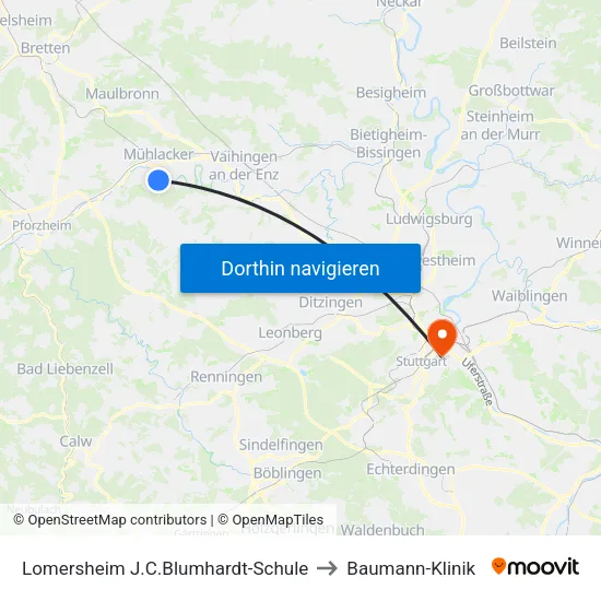 Lomersheim J.C.Blumhardt-Schule to Baumann-Klinik map