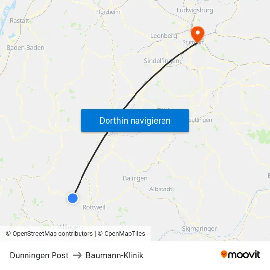Dunningen Post to Baumann-Klinik map