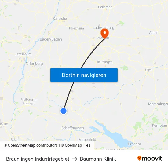 Bräunlingen Industriegebiet to Baumann-Klinik map