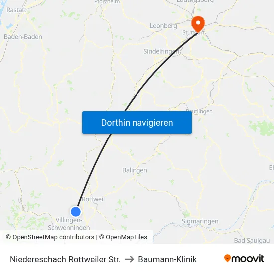 Niedereschach Rottweiler Str. to Baumann-Klinik map