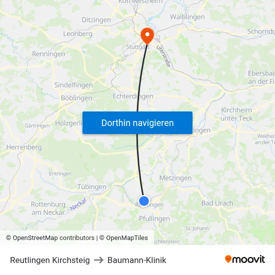 Reutlingen Kirchsteig to Baumann-Klinik map