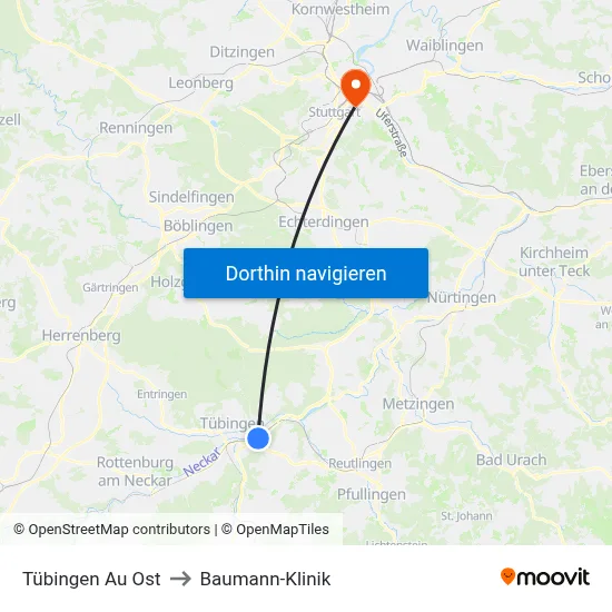 Tübingen Au Ost to Baumann-Klinik map