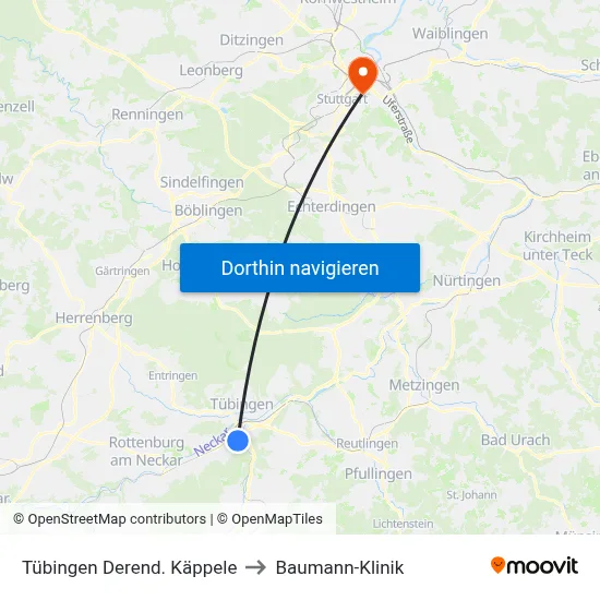 Tübingen Derend. Käppele to Baumann-Klinik map
