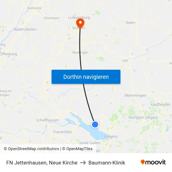 FN Jettenhausen, Neue Kirche to Baumann-Klinik map