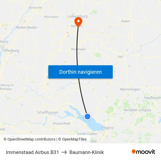 Immenstaad Airbus B31 to Baumann-Klinik map