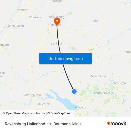 Ravensburg Hallenbad to Baumann-Klinik map