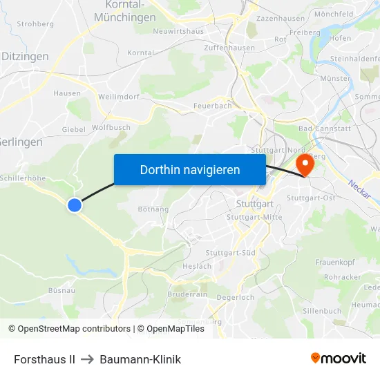 Forsthaus II to Baumann-Klinik map