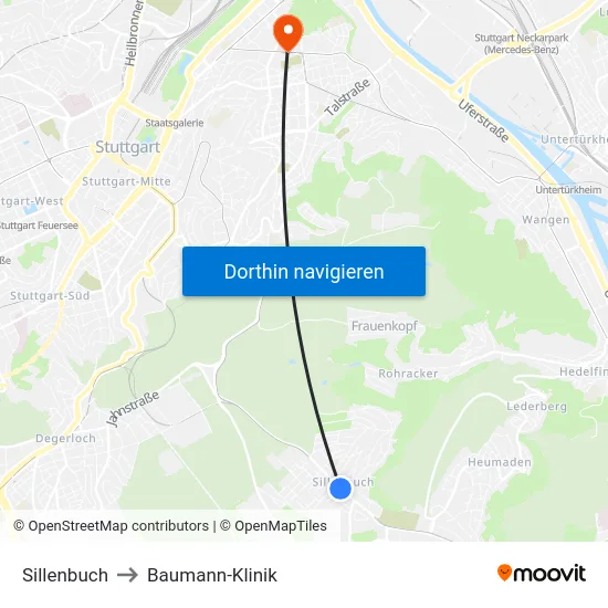Sillenbuch to Baumann-Klinik map