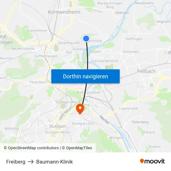 Freiberg to Baumann-Klinik map
