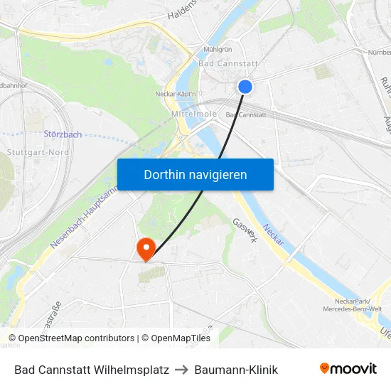 Bad Cannstatt Wilhelmsplatz to Baumann-Klinik map