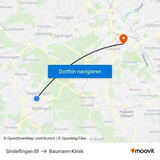 Sindelfingen Bf to Baumann-Klinik map
