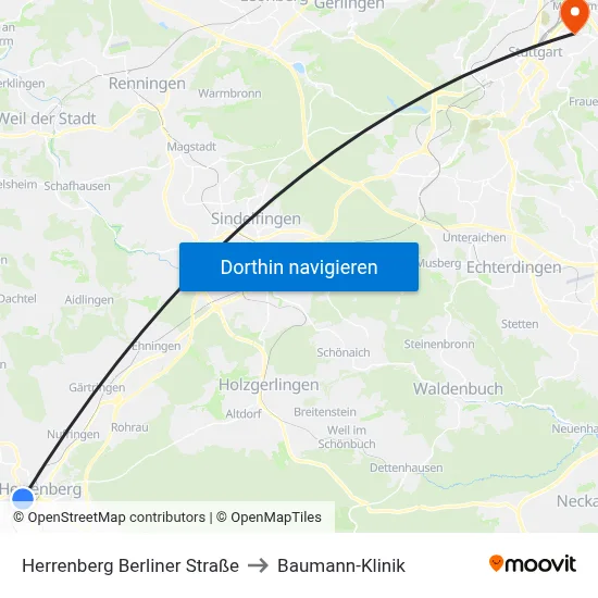 Herrenberg Berliner Straße to Baumann-Klinik map