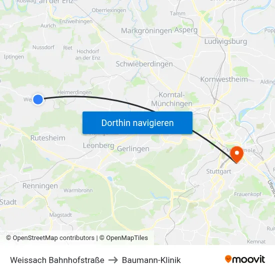 Weissach Bahnhofstraße to Baumann-Klinik map