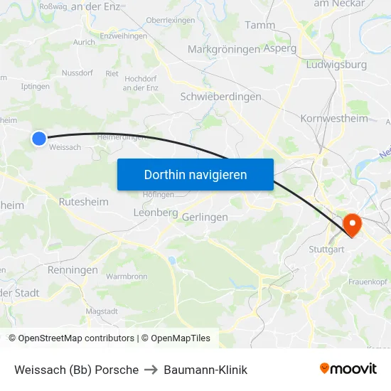 Weissach (Bb) Porsche to Baumann-Klinik map