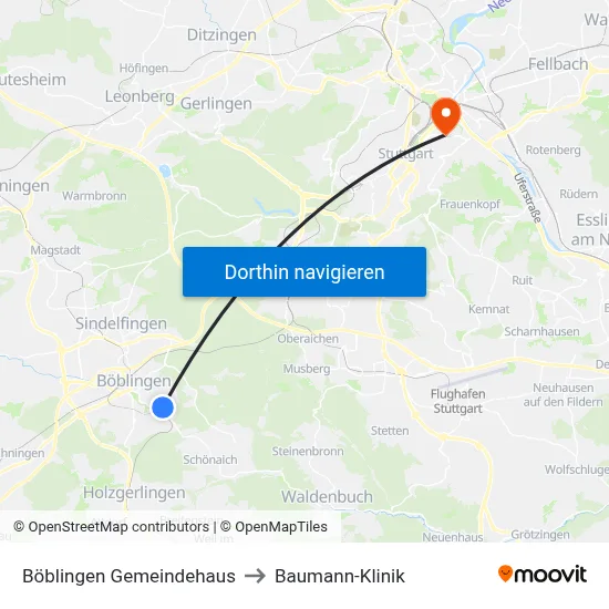 Böblingen Gemeindehaus to Baumann-Klinik map