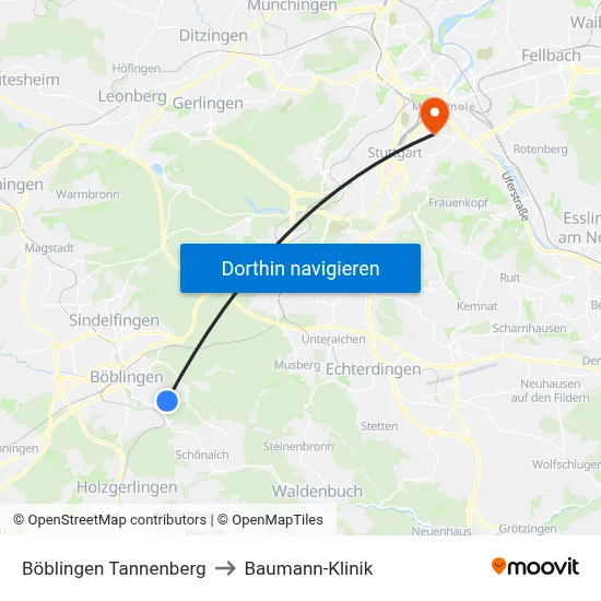 Böblingen Tannenberg to Baumann-Klinik map