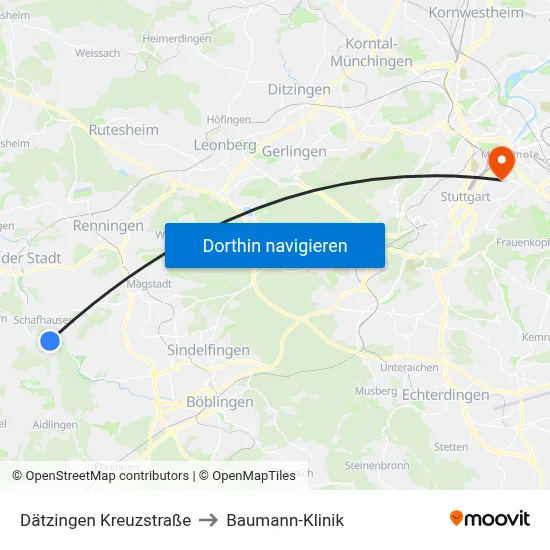 Dätzingen Kreuzstraße to Baumann-Klinik map