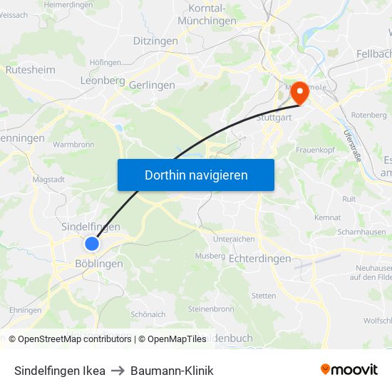 Sindelfingen Ikea to Baumann-Klinik map