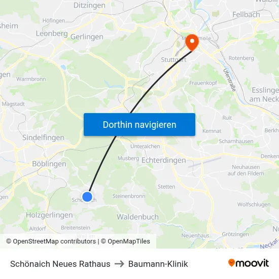Schönaich Neues Rathaus to Baumann-Klinik map