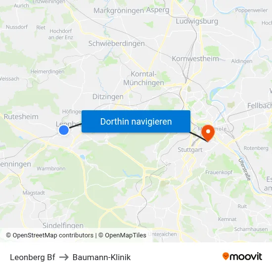 Leonberg Bf to Baumann-Klinik map