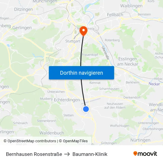 Bernhausen Rosenstraße to Baumann-Klinik map