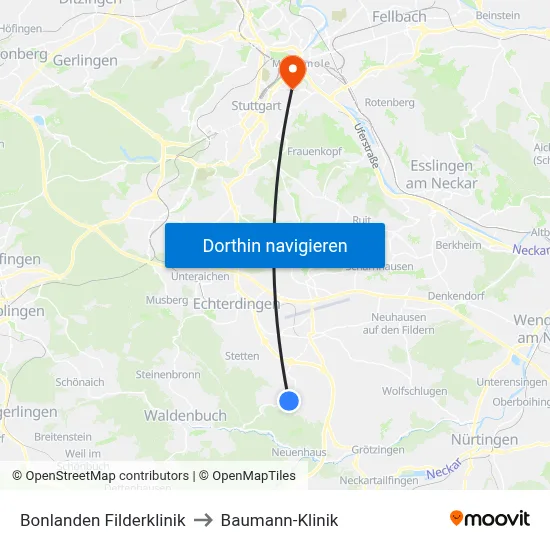Bonlanden Filderklinik to Baumann-Klinik map