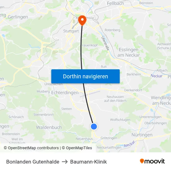 Bonlanden Gutenhalde to Baumann-Klinik map