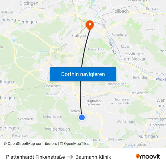 Plattenhardt Finkenstraße to Baumann-Klinik map