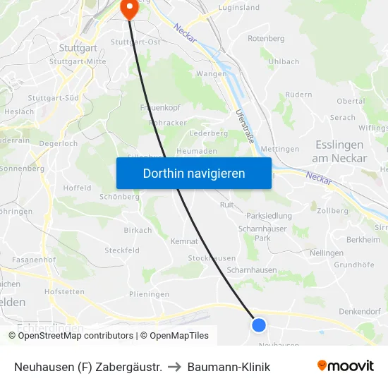 Neuhausen (F) Zabergäustr. to Baumann-Klinik map