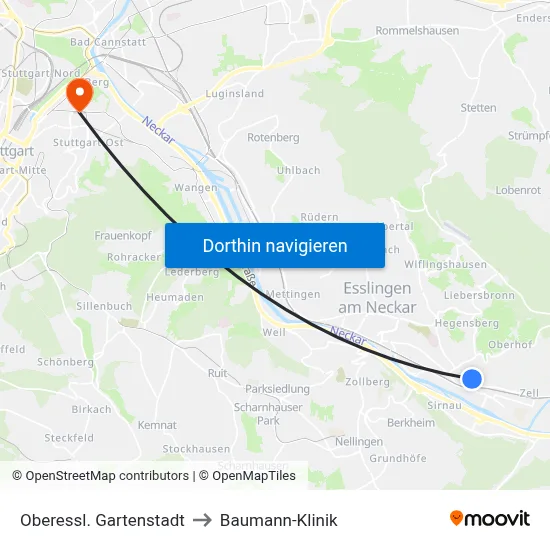 Oberessl. Gartenstadt to Baumann-Klinik map