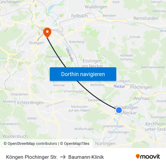 Köngen Plochinger Str. to Baumann-Klinik map