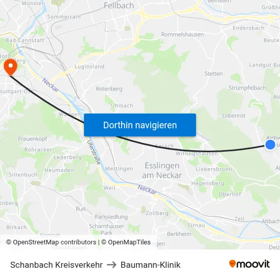 Schanbach Kreisverkehr to Baumann-Klinik map