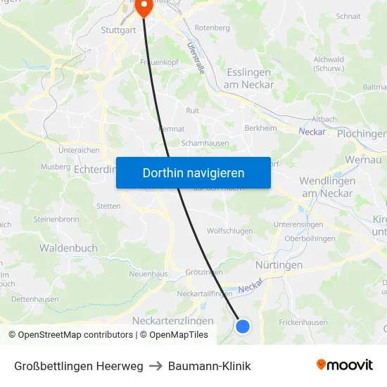 Großbettlingen Heerweg to Baumann-Klinik map