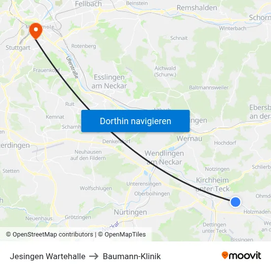 Jesingen Wartehalle to Baumann-Klinik map