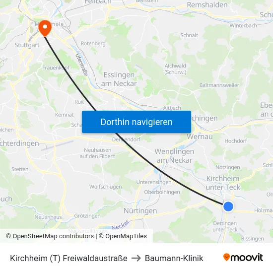 Kirchheim (T) Freiwaldaustraße to Baumann-Klinik map