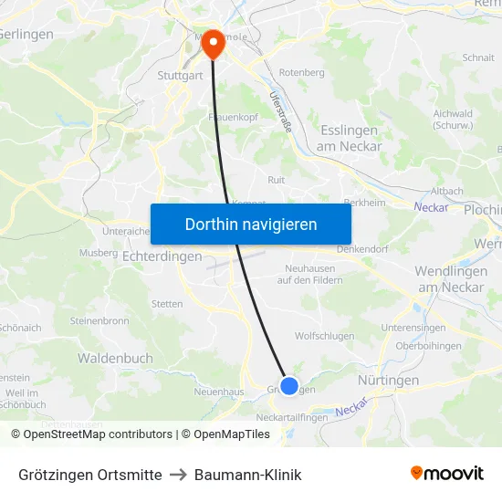 Grötzingen Ortsmitte to Baumann-Klinik map