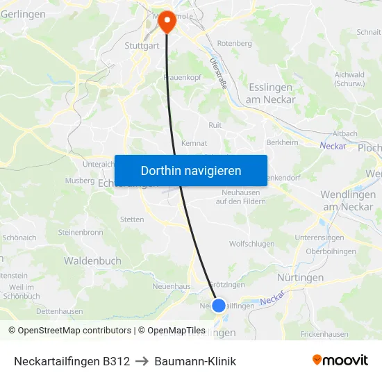 Neckartailfingen B312 to Baumann-Klinik map