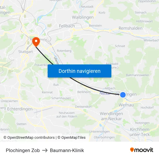 Plochingen Zob to Baumann-Klinik map