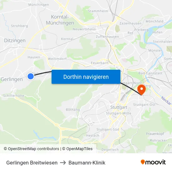 Gerlingen Breitwiesen to Baumann-Klinik map