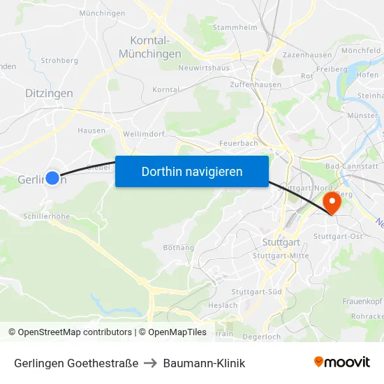 Gerlingen Goethestraße to Baumann-Klinik map