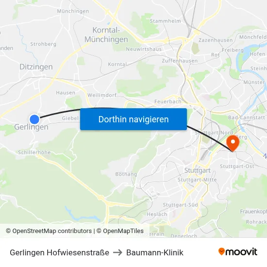Gerlingen Hofwiesenstraße to Baumann-Klinik map