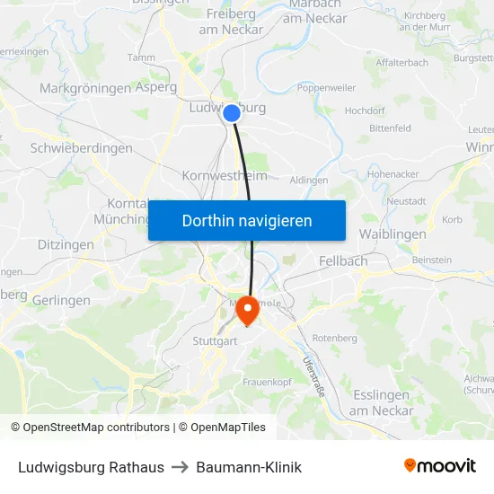 Ludwigsburg Rathaus to Baumann-Klinik map