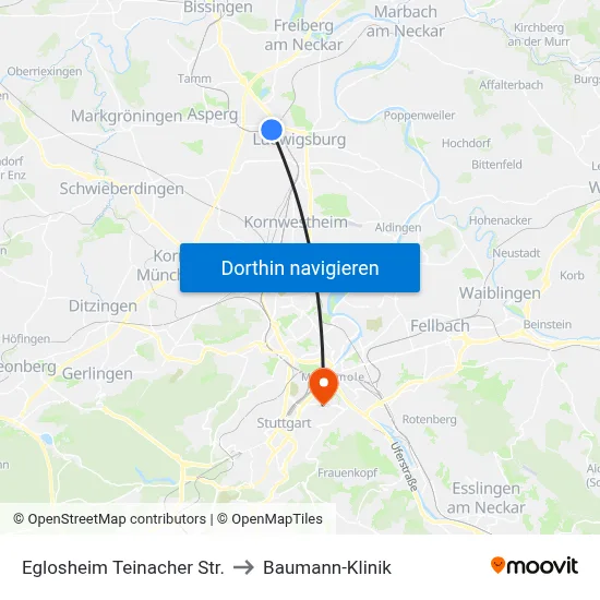 Eglosheim Teinacher Str. to Baumann-Klinik map