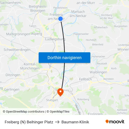 Freiberg (N) Beihinger Platz to Baumann-Klinik map