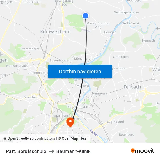Patt. Berufsschule to Baumann-Klinik map