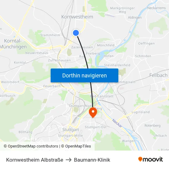 Kornwestheim Albstraße to Baumann-Klinik map