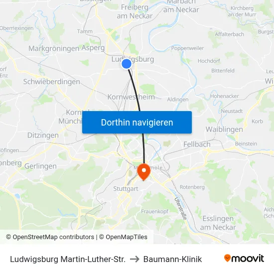 Ludwigsburg Martin-Luther-Str. to Baumann-Klinik map