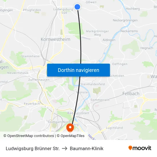 Ludwigsburg Brünner Str. to Baumann-Klinik map