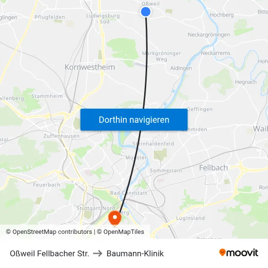 Oßweil Fellbacher Str. to Baumann-Klinik map