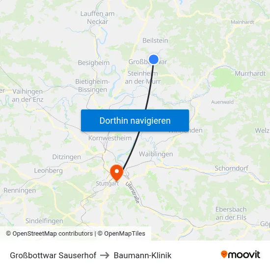 Großbottwar Sauserhof to Baumann-Klinik map